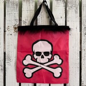 Pink Skull Crossbones Nylon Tote‎ Bag Fur Trim Halloween Spooky Season Goth Glam